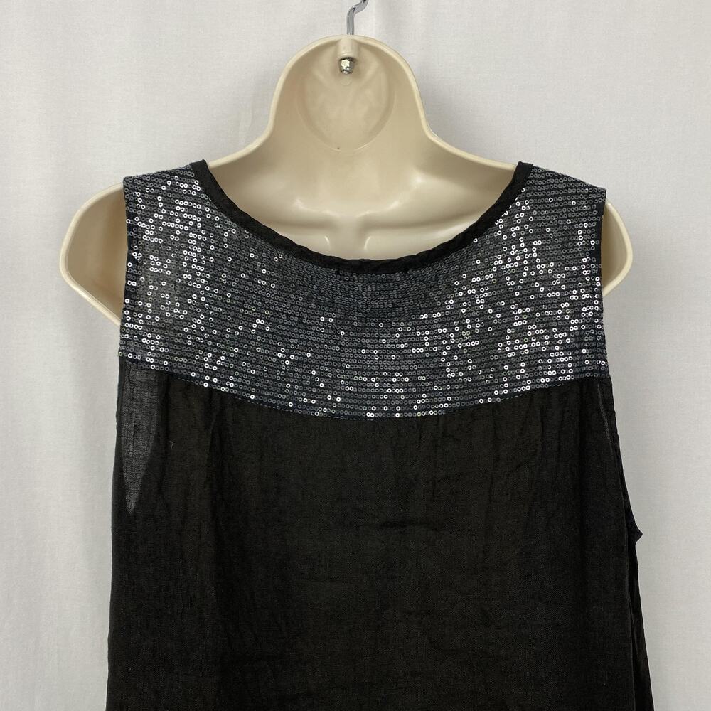 Angela Mara Linen Shift Dress Womens Large Black Sequin Trim Lagenlook Flowy - Picture 6 of 12